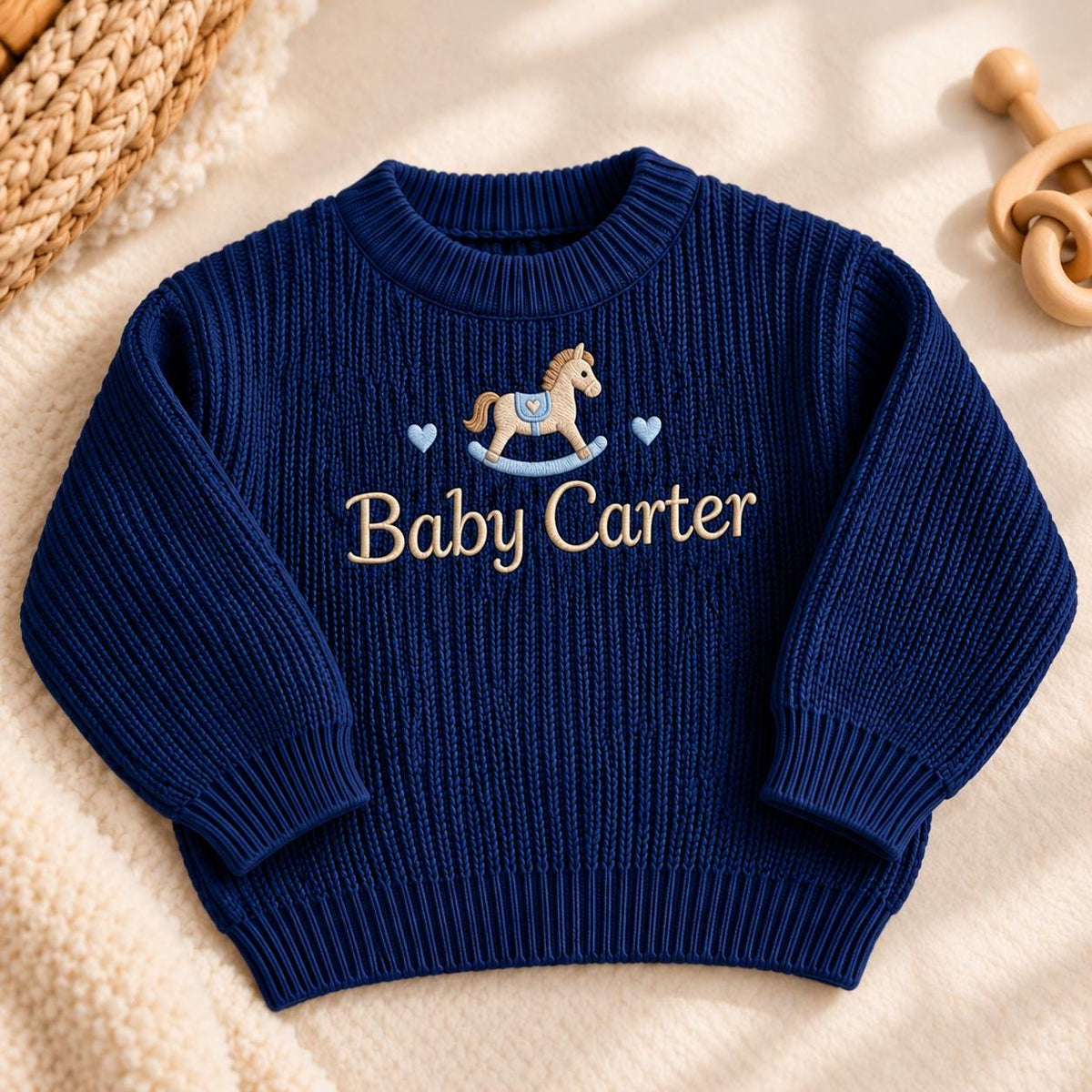 Personalized Rocking Horse Baby Knit Sweater Embroidered Name