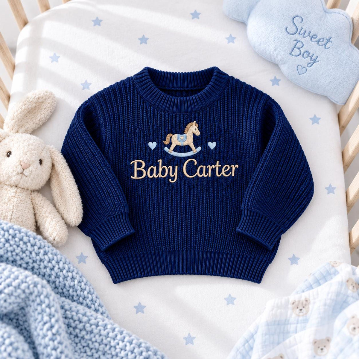 Personalized Rocking Horse Baby Knit Sweater Embroidered Name