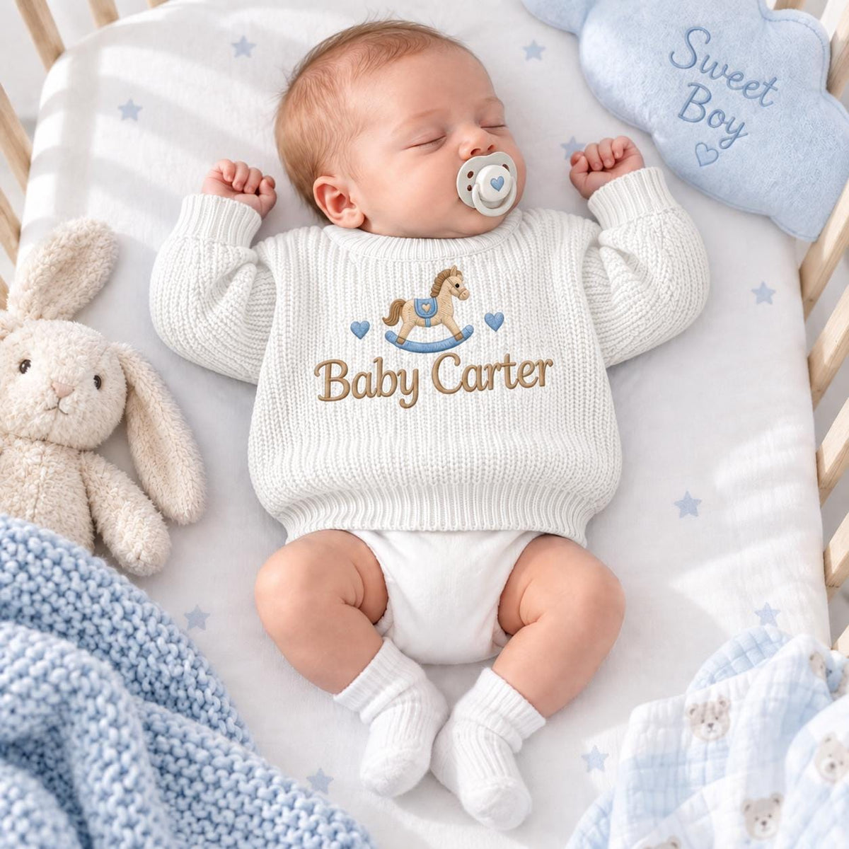 Personalized Rocking Horse Baby Knit Sweater Embroidered Name