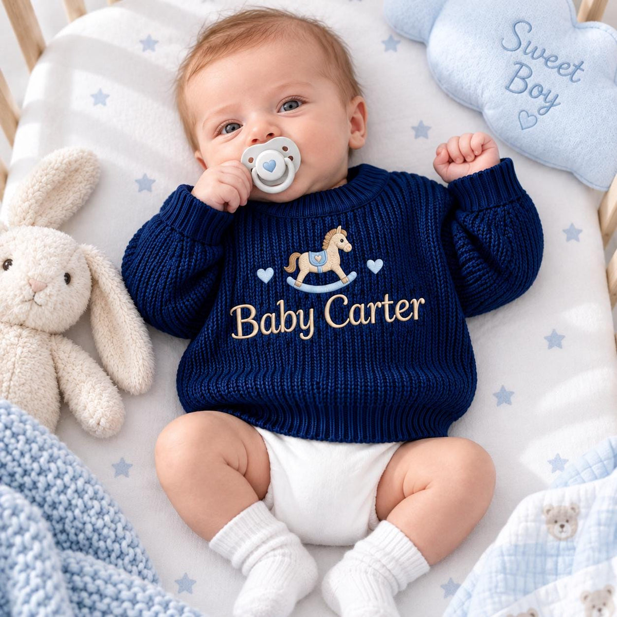 Personalized Rocking Horse Baby Knit Sweater Embroidered Name