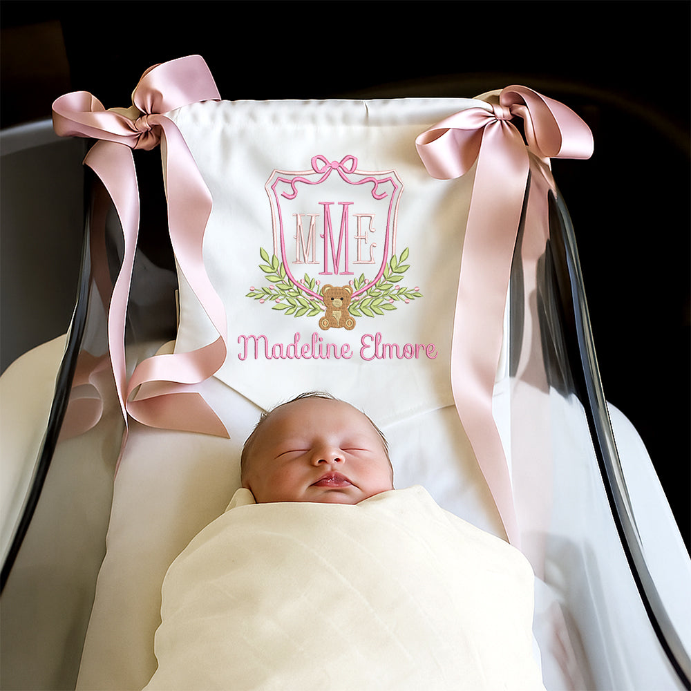 Teddy Bear Crest Monogram Baby Banner – Personalized Baby Banner, Newborn Hospital Door Sign