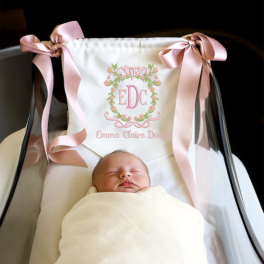 Bow Wreath Monogram Baby Banner – Personalized Baby Banner, Newborn Hospital Door Sign